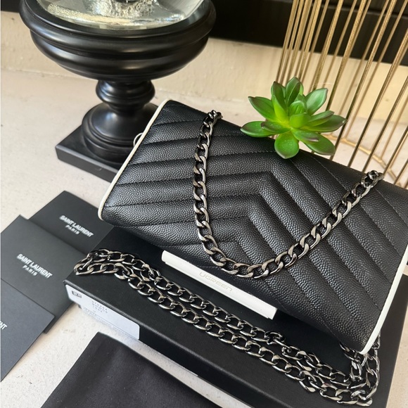 SOLD - 💎Authentic YSL Saint Laurent Chevron Monogram Flap Wallet w/Chain - Picture 6 of 16
